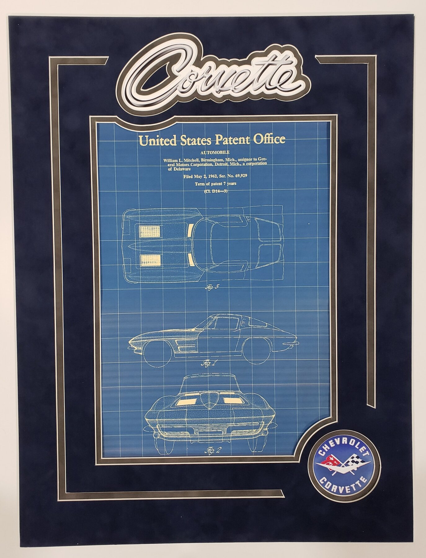 Full project view of corvette patent blueprint frame custom framing project