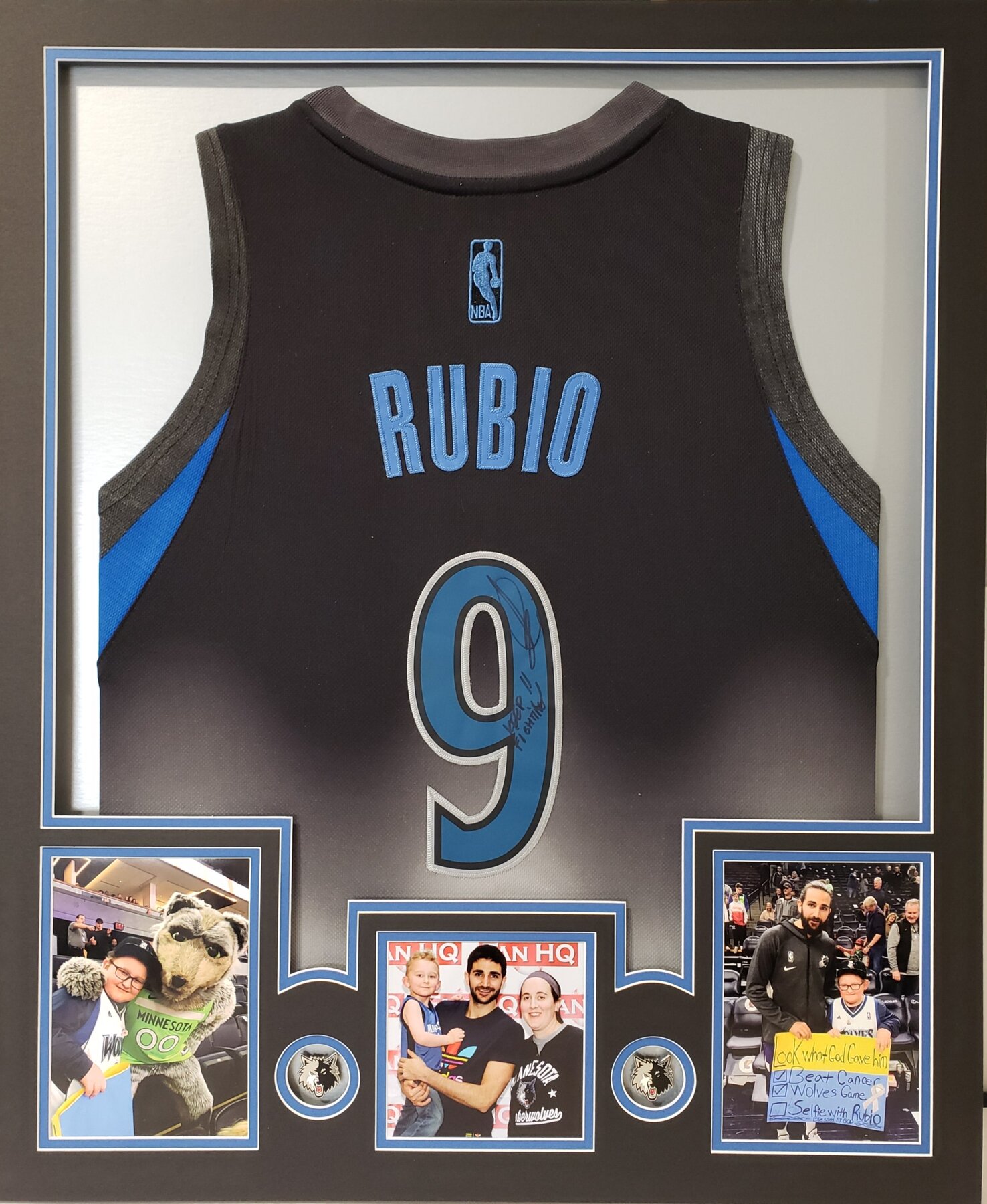 Full project view of ricky rubio jersey shadowbox custom framing project