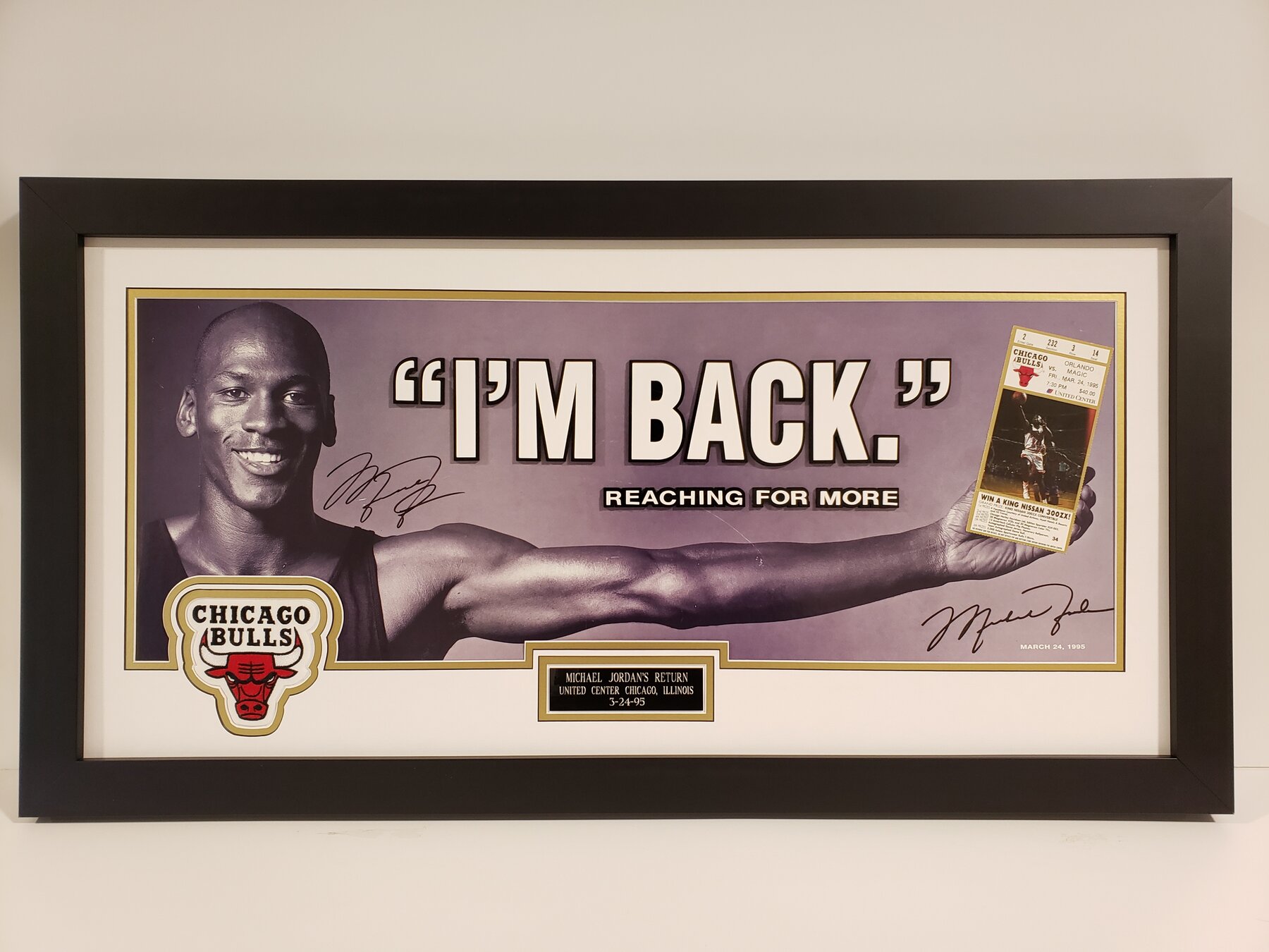 Full project view of michael jordan ‘i’m back’ display custom framing project