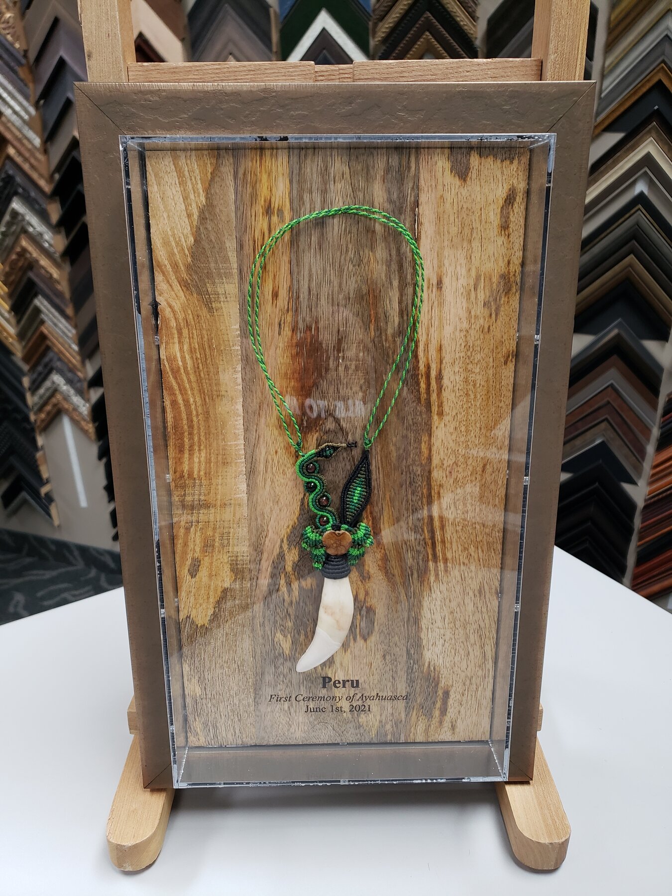 Full project view of two-sided peru keepsake display custom framing project