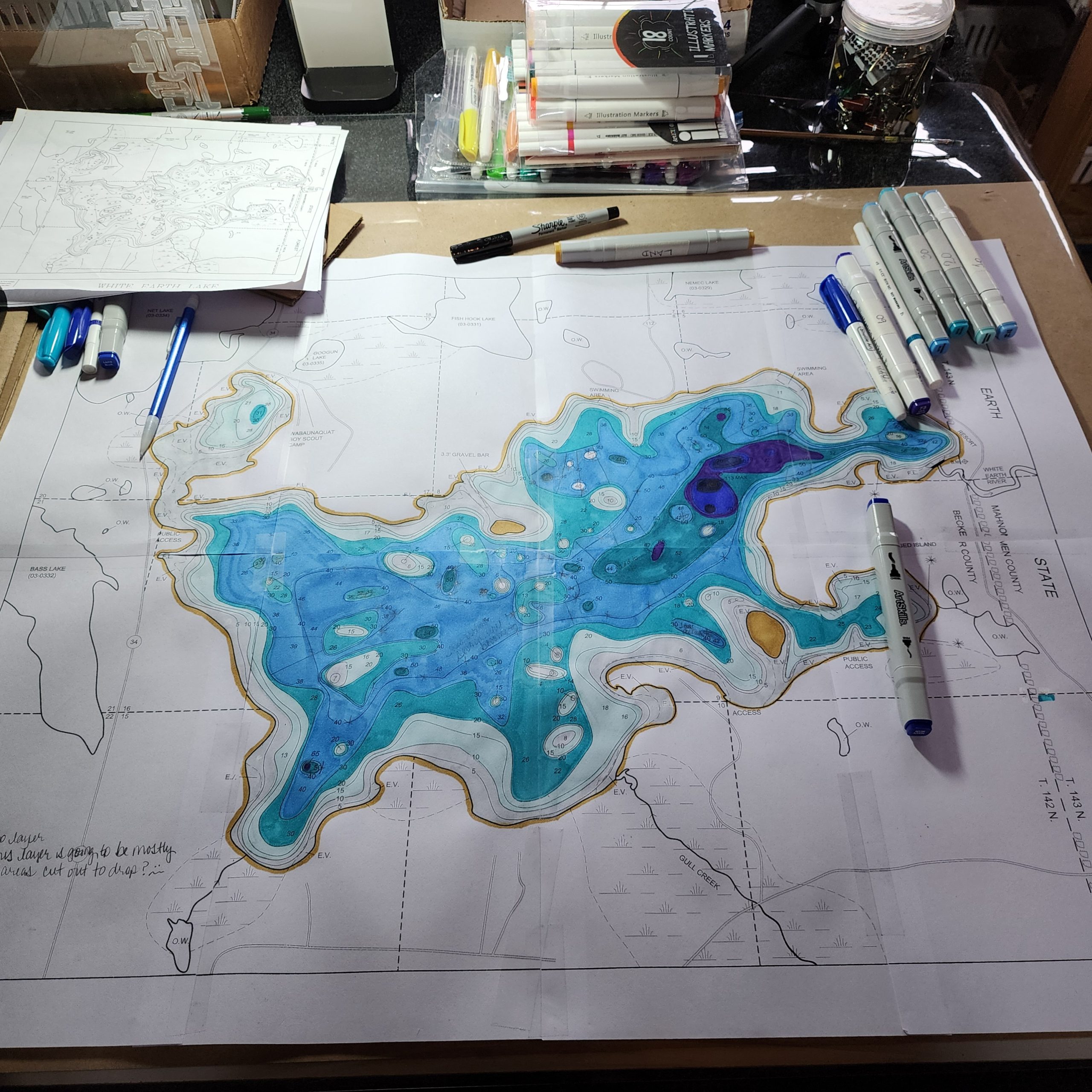 Hand-colored lake map planning and layout study