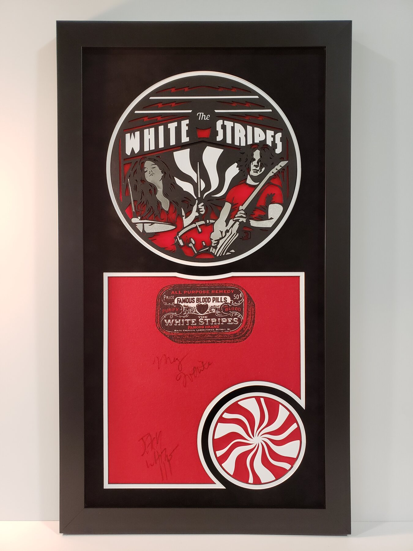 Full project view of the white stripes — vinyl shadowbox custom music memorabilia framing