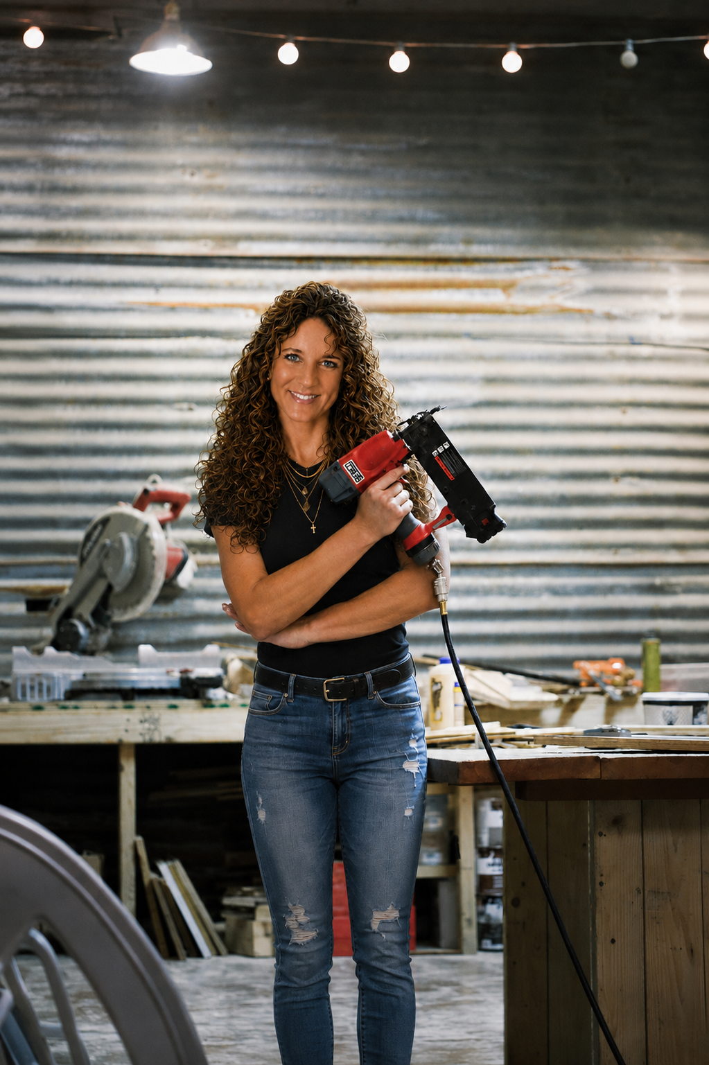 Allison working in a custom woodcraft workshop
