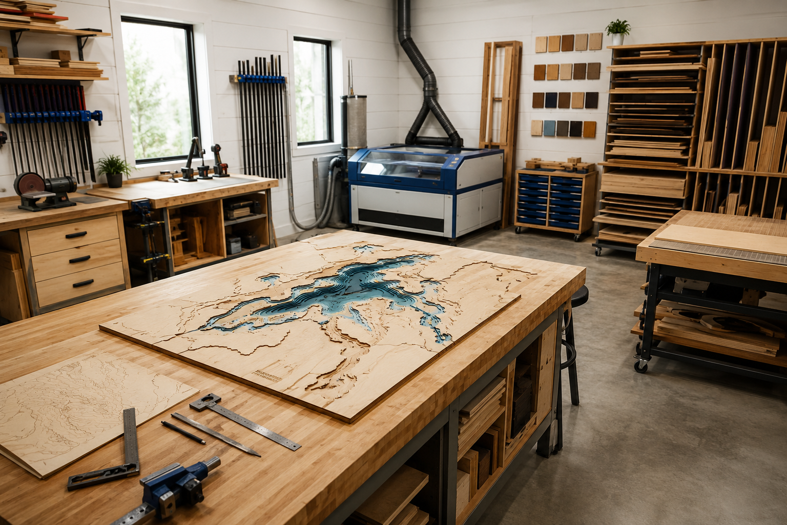 Woodshop prepared for layered lake map production