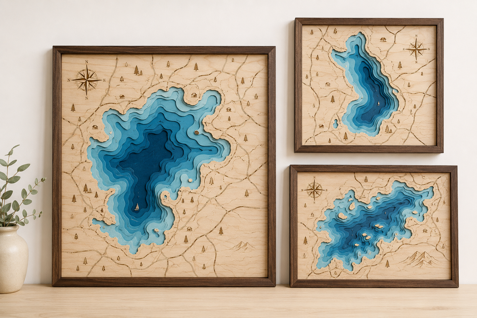 Three completed handcrafted layered lake maps